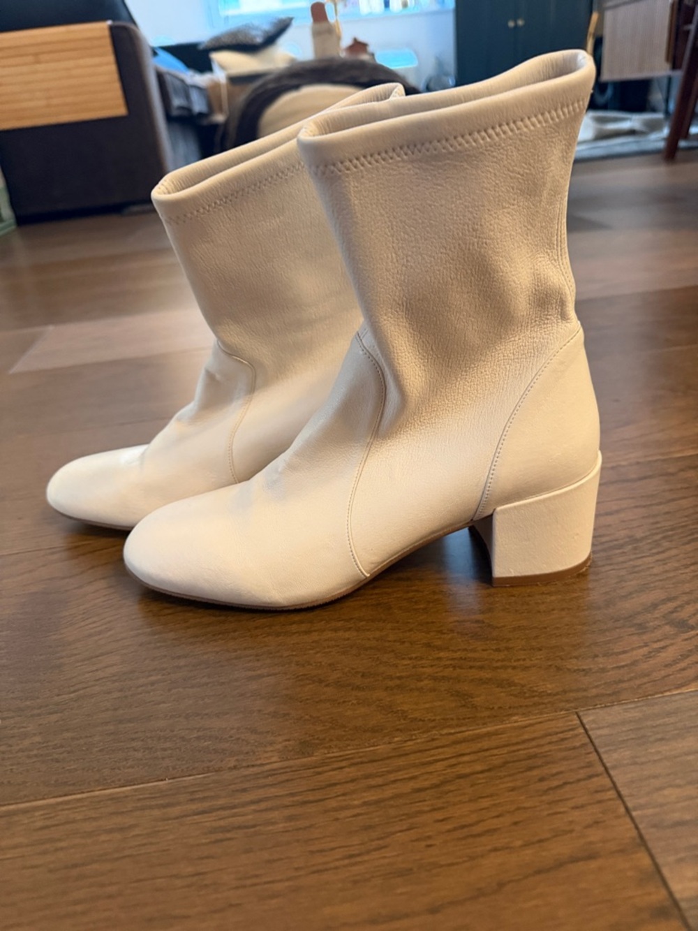 Stuart Weitzman Cream Mid-Calf Block Heel Boots